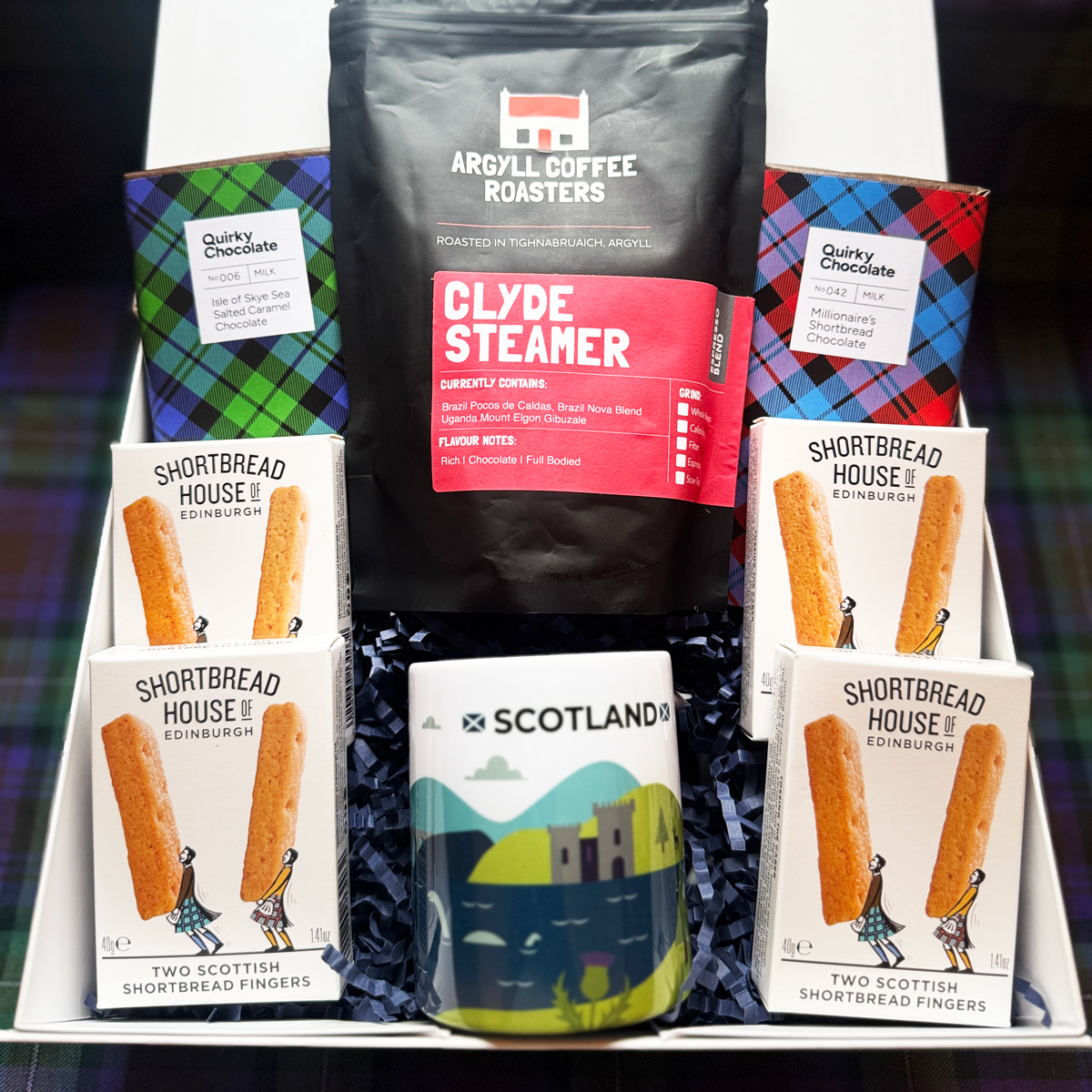 Scottish coffee and chocolate gift box with mug and artisan treats