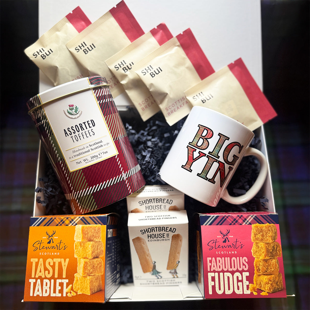 Scottish gift box with tea, mug, shortbread, tablet and fudge