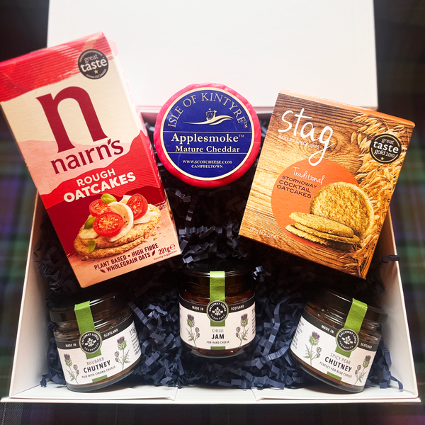 Scottish pantry gift box with oatcakes, cheese and artisan chutneys