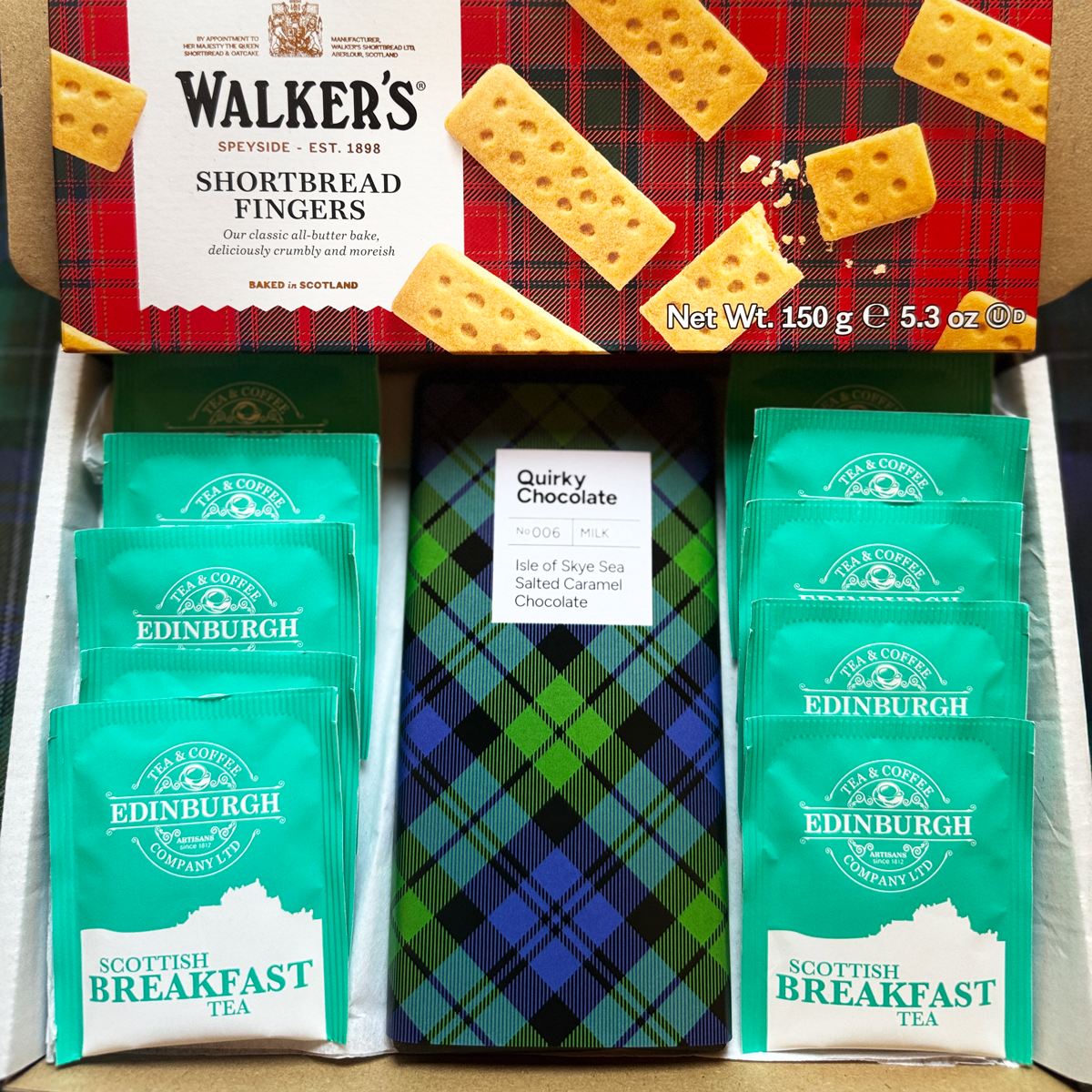 Scottish letterbox gift with tea, shortbread and chocolate