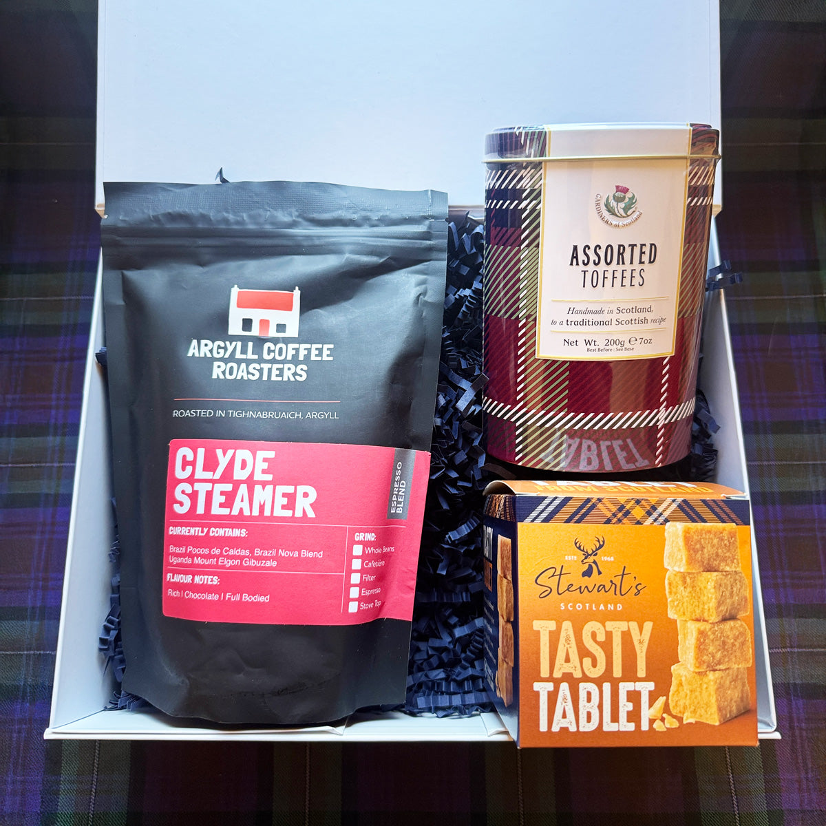 Scottish gift box with coffee, toffee and traditional tablet sweets