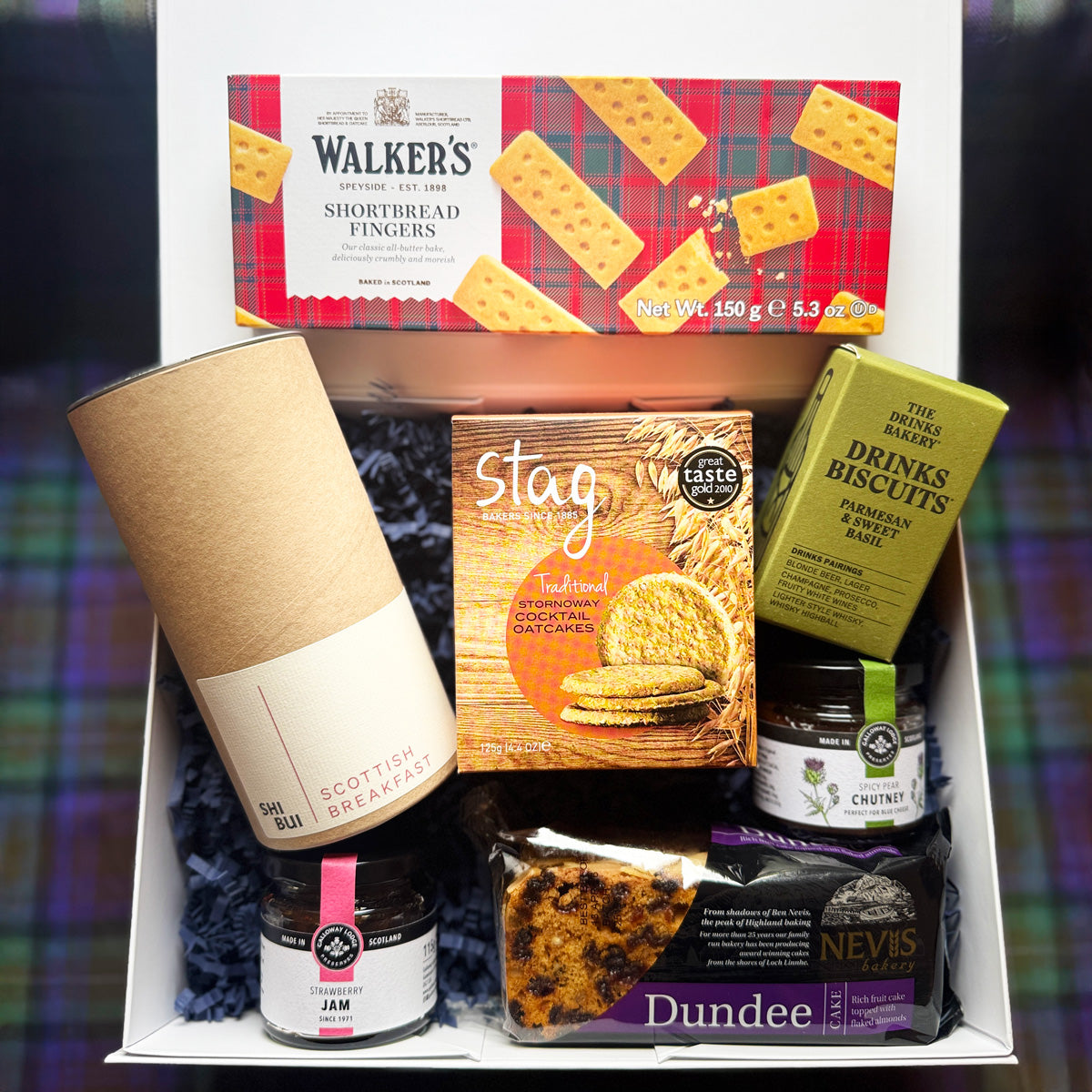 Luxury Scottish food gift box with shortbread, oatcakes and Dundee cake