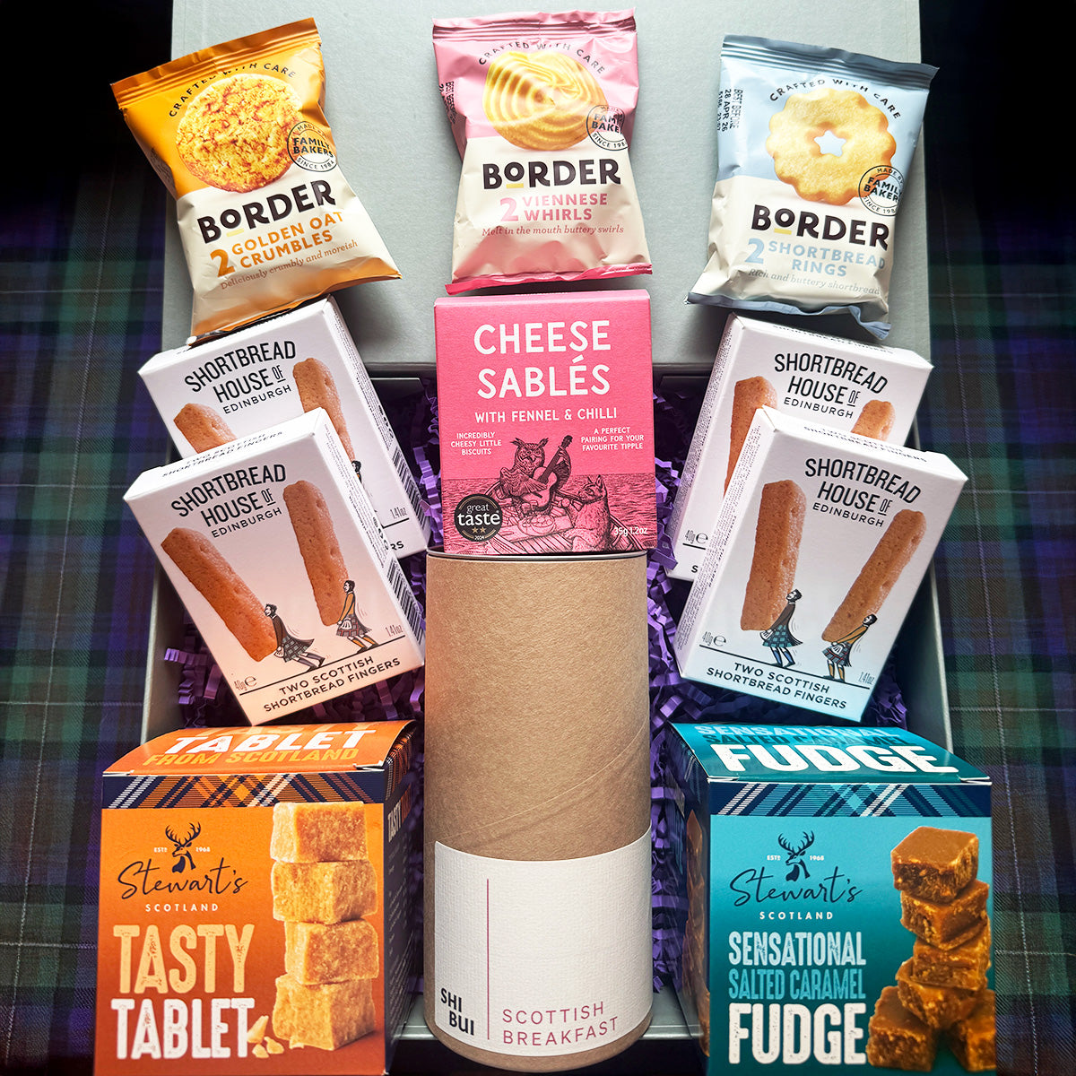 Scottish tea gift box with traditional sweets and artisan treats